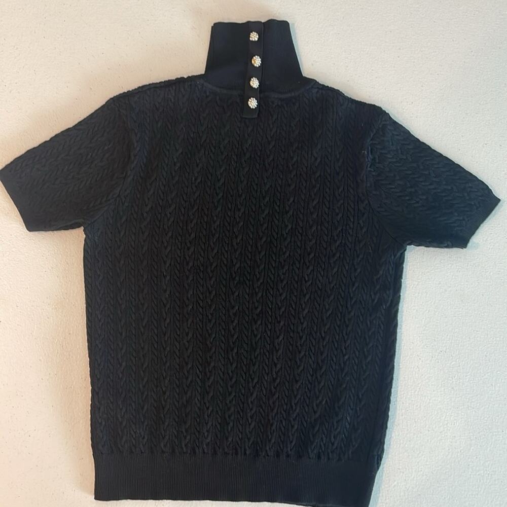 Zara Black Mock Turtleneck Short Sleeve Sweater Top with Pearl Buttons Size S